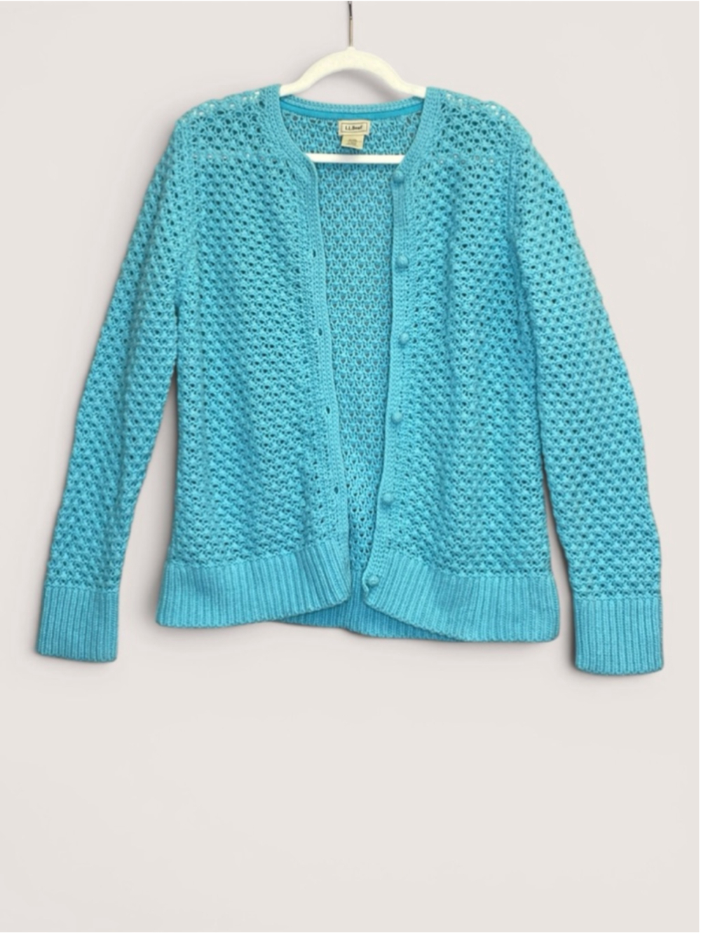 L.L.Bean Blue Open Knit Wool Angora Cardigan Sweater L - Picture 2 of 10